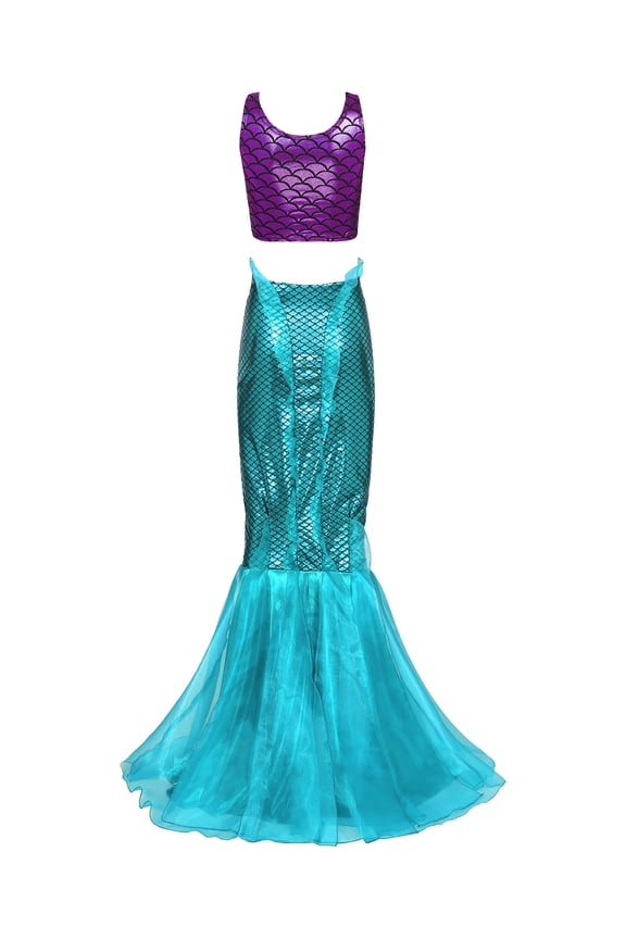 Womens Mermaid Costume Metallic Sleeveless Crop Top with Ruffled Fishtail Long Skirt Purple&Blue S