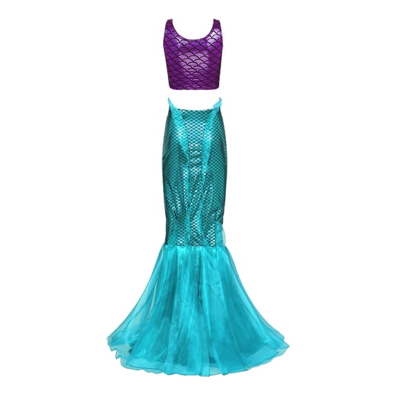 YIZYIF Womens Mermaid Costume Metallic Sleeveless Crop Top with Ruffled Fishtail Long Skirt Purple&Blue XL