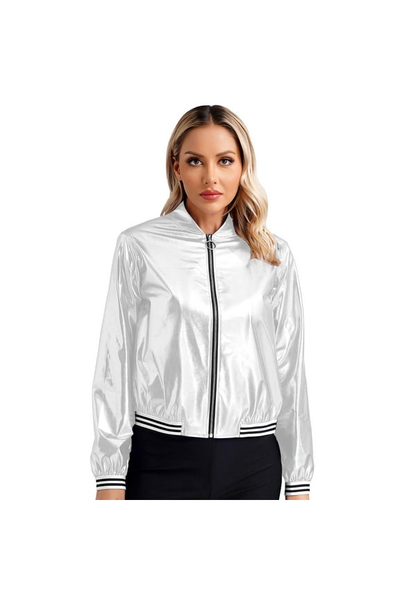 Womens Metallic Bomber Jacket Holographic Shiny Long Sleeve Zipper Front Coat Outerwear Silver XXL