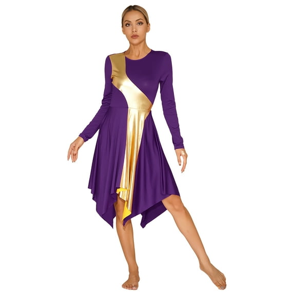YIZYIF Womens Metallic Gold Color Contrast Worship Praise Dance Dress Long Sleeve Asymmetrical Hem Liturgical Dress Purple S