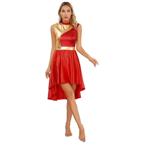 YIZYIF Womens Metallic High Low Hem Praise Dance Dress Contrast Color Tank Dress Church Robe Liturgical Worship Dancewear A Red XXL