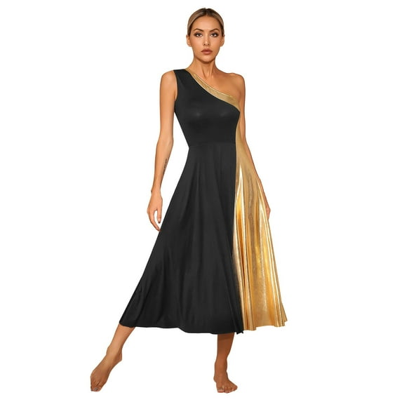YIZYIF Womens Metallic Praise Worship Dress One Shoulder Shiny Church Liturgical Lyrical Dance Dress Dancewear Black M