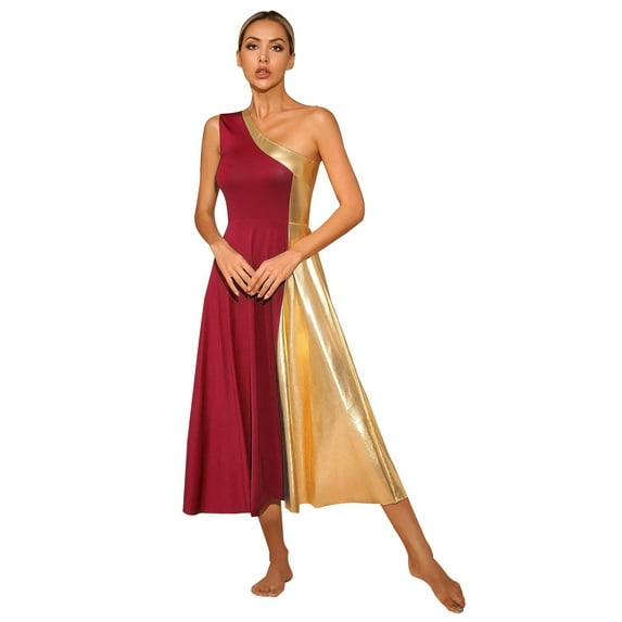 YIZYIF Womens Metallic Praise Worship Dress One Shoulder Shiny Church Liturgical Lyrical Dance Dress Dancewear Burgundy L