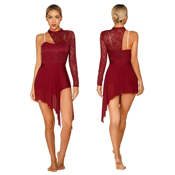 YIZYIF Womens One Shoulder Lyrical Dance Leotard Sheer Mesh Floral Lace Splice Figure Ice Skating Dress Burgundy XL