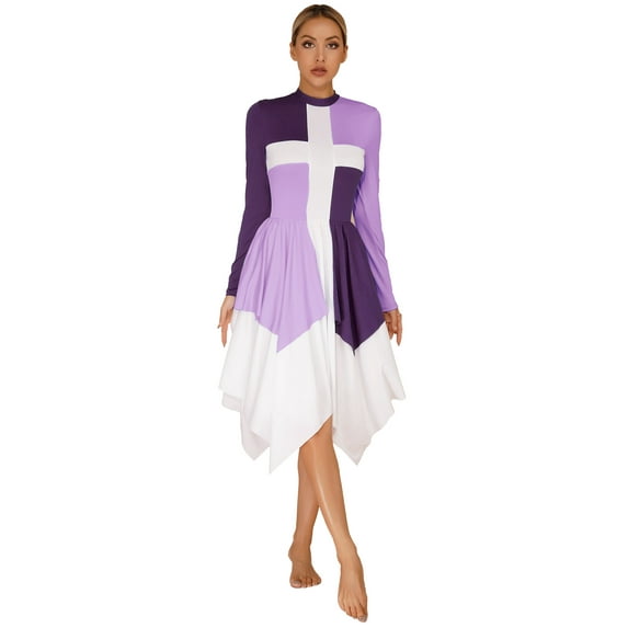 YIZYIF Womens Praise Worship Dance Dress Long Sleeve Asymmetrical Choir Performance Dancewear Purple XXL