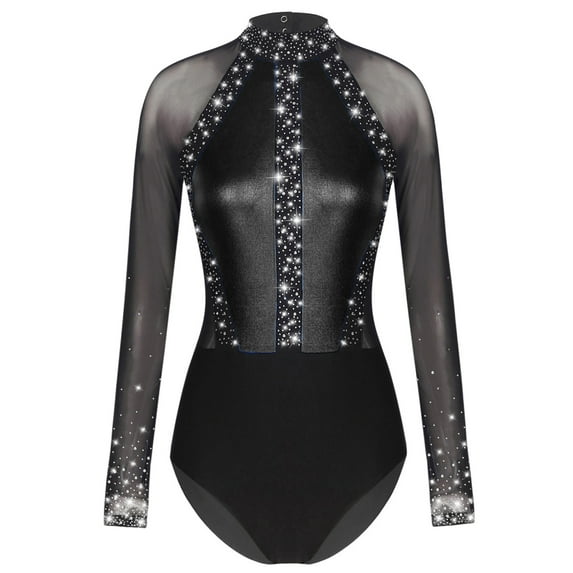 YIZYIF Womens Rhinestone Ballet Gymnastics Leotard Mesh Long Sleeve Dance Tumbling Bodysuit Black M