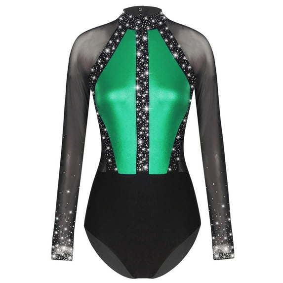 YIZYIF Womens Rhinestone Ballet Gymnastics Leotard Mesh Long Sleeve Dance Tumbling Bodysuit Green S