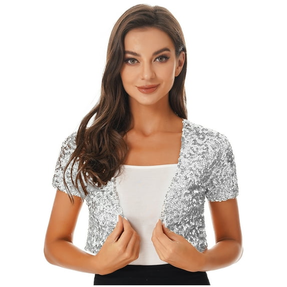 YIZYIF Womens Short Sleeve Cardigan Allover Shiny Sequins Cropped Shawl Shrug Club Cocktail Party Coat Silver One Size