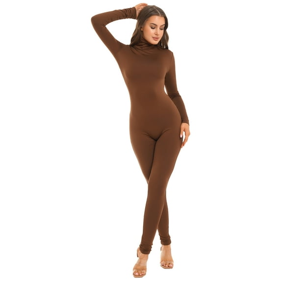 YIZYIF Womens Solid Color Long Jumpsuit Long Sleeve Bodysuit Gym Yoga Sports Jumpsuit Brown L