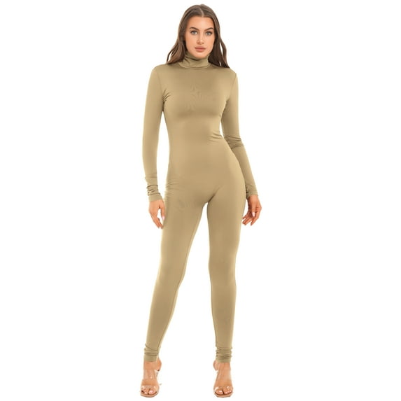 YIZYIF Womens Solid Color Long Jumpsuit Long Sleeve Bodysuit Gym Yoga Sports Jumpsuit Champagne M