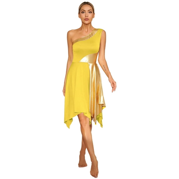 YIZYIF Womens Tunic Overlay Liturgical Church Praise Dance Dress One Shoulder Dance Performance Tank Dress A Yellow L