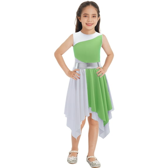 YIZYIF Youth Girls Lyrical Dance Dress Liturgical Worship Costume Sleeveless Asymmetrical Dress,Sizes 6-16 Light Green-B 10