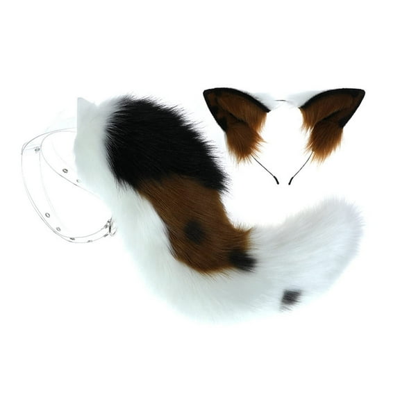 YJ Cosplay Animal Comic White with Brown Border Collie Fox Cat Dog Squirrel Wolf Tail and Ears Headband Hairband Set Anime Halloween Cosplay Party Costume Accessories D White Brown