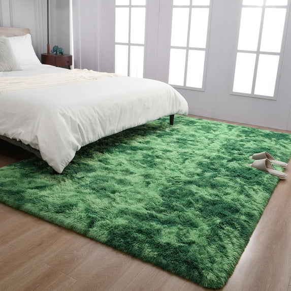 YJ.GWL 4x6ft Tie Dye Shag Area Rug For Living Room Bedroom,Shaggy Carpet For Home Decor,Emerald Green