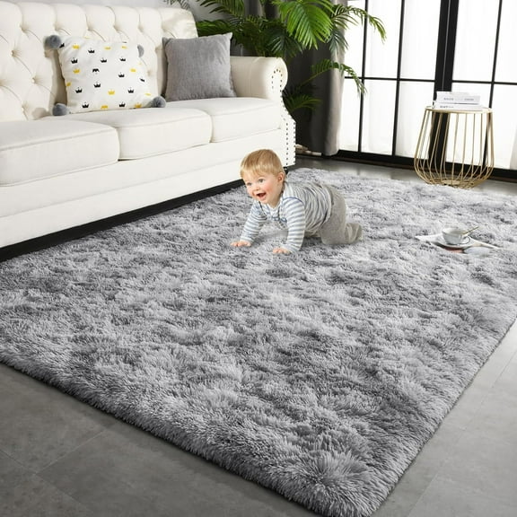 YJ.GWL 9x12ft Tie Dye Shag Area Rug For Living Room Bedroom,Shaggy Carpet For Home Decor,Gray