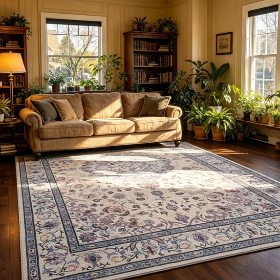 Jamfeel Area Rugs Vintage Floral Printed Washable Non-slip Carpets Foldable Thin Low Pile Rug for Living Room Bedroom 5'x8' Blue