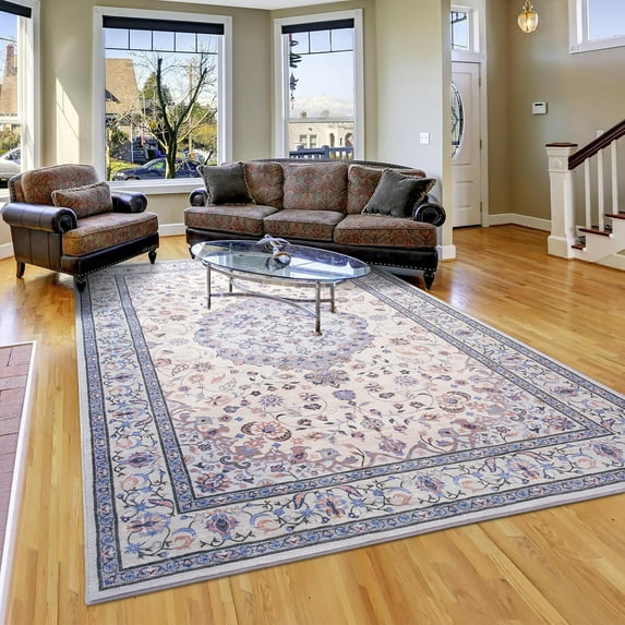 Jamfeel Area Rugs Vintage Floral Printed Washable Non-slip Carpets Foldable Thin Low Pile Rug for Living Room Bedroom 6'x9' Blue