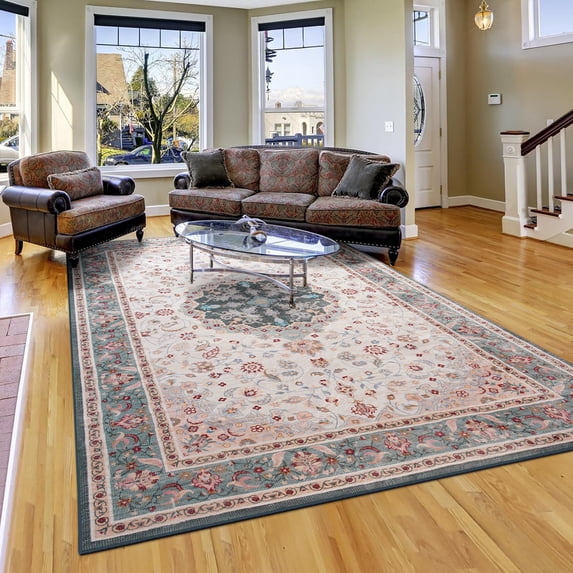 Jamfeel Area Rugs Vintage Floral Printed Washable Non-slip Carpets Foldable Thin Low Pile Rug for Living Room Bedroom 8'x10' Green