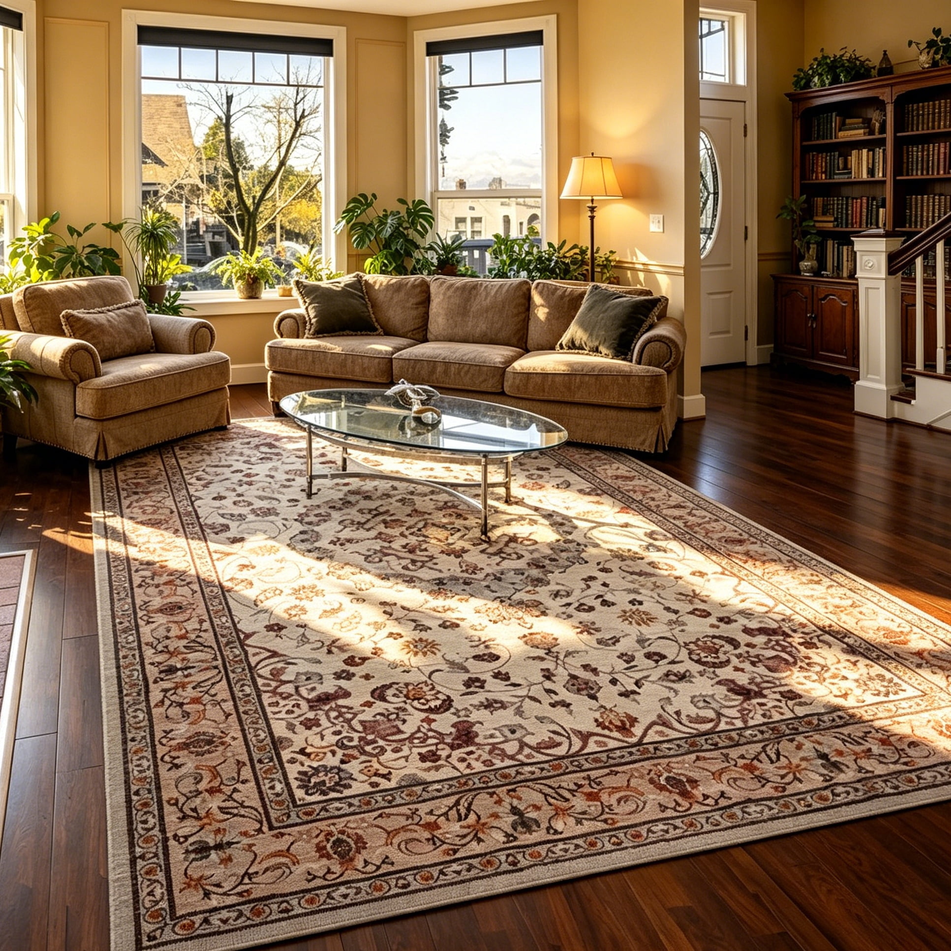 Jamfeel Area Rugs Vintage Floral Printed Washable Non-slip Carpets Foldable Thin Low Pile Rug for Living Room Bedroom 8'x10' Khaki