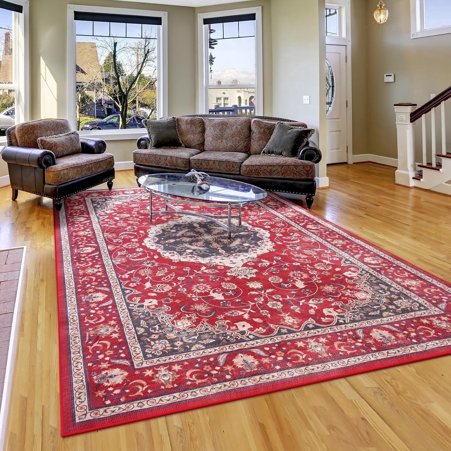 Jamfeel Area Rugs Vintage Floral Printed Washable Non-Slip Carpets Foldable Thin Low Pile Rug for Living Room Bedroom 8'x10' Red