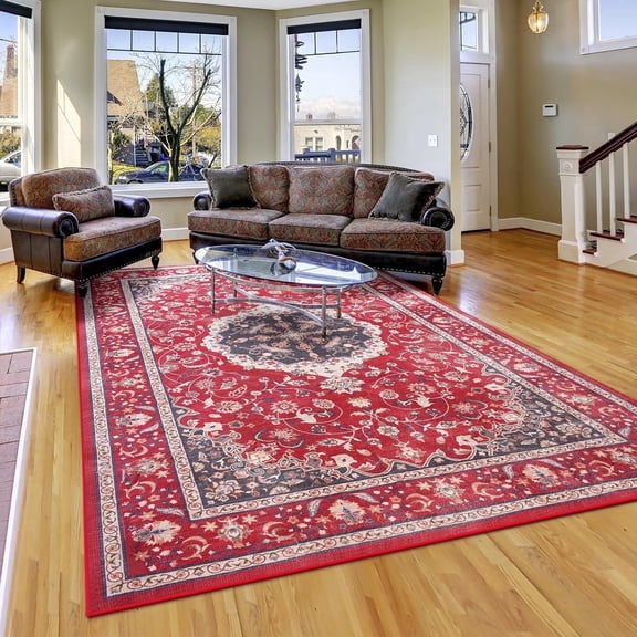Jamfeel Area Rugs Vintage Floral Printed Washable Non-Slip Carpets Foldable Thin Low Pile Rug for Living Room Bedroom 8'x10' Red