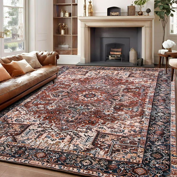 YJ.GWL Area Rugs Vintage Print Carpet Low Pile Rug for Bedroom Living Room Home Decor,Brick Red,5'x7'