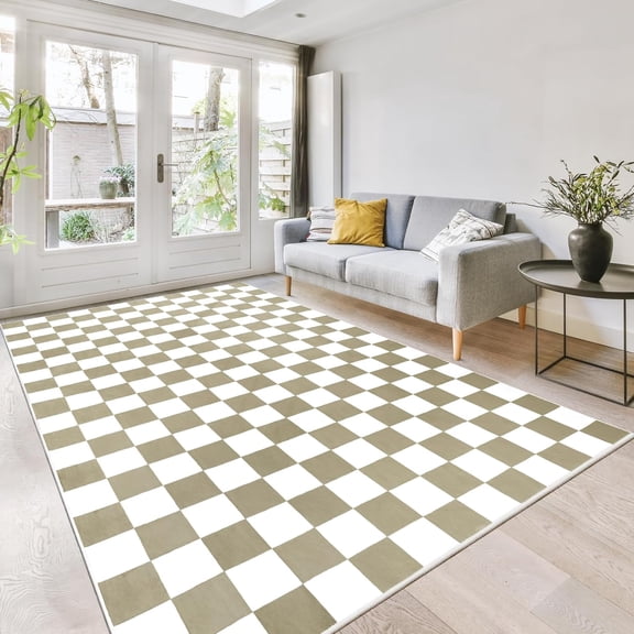 YJ.GWL Checkered Rugs Checkerboard Area Rug Plaid Carpet for Living Room Bedroom Home Decor Soft Mats,6'x9',Camel&White