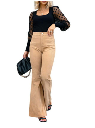Women Corduroy Flared Pants Solid Color Casual Loose Fit Stretch High Waist  Bootcut Bell Bottom Trousers Streetwear 