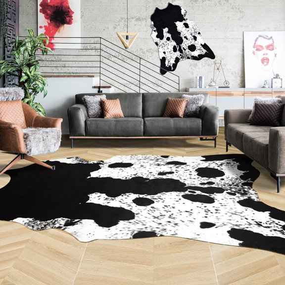 YJ.GWL Faux Cowhide Rug Animal Cow Print Rugs Floor Carpet for Living Room Home Decor,4.6'x5.2',Black & White