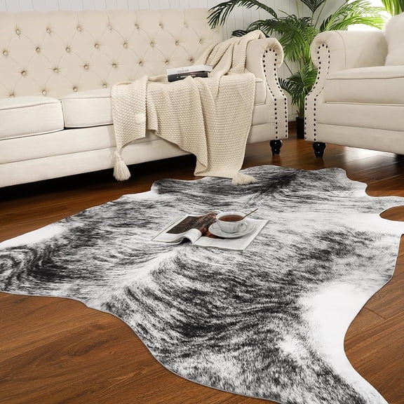YJ.GWL Faux Cowhide Rug Animal Cow Print Rugs Floor Carpet for Living Room Home Decor,4.6'x5.2',Gray Black
