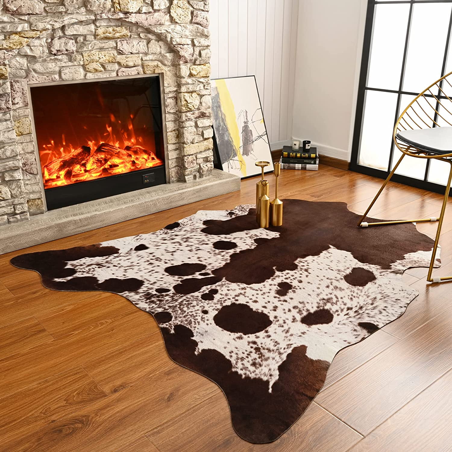Yj Gwl Faux Cowhide Rug Cow Print Area Rugs Hide Carpet For Bedroom Living Room Home Office Western Decor 5 2 X6 Brown Com