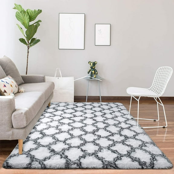 YJ.GWL Fluffy Area Rugs Soft Accent Rug for Bedroom Living Room Shaggy Geometric Fluffy Carpets,4'x 6',White