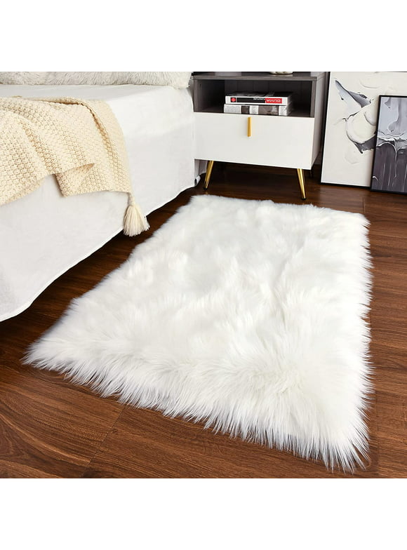 YJ.GWL Fluffy Faux Sheepskin Plush Area Rug Soft Fuzzy Rugs Floor Carpet for Bedroom Living Room,2'x 3',White
