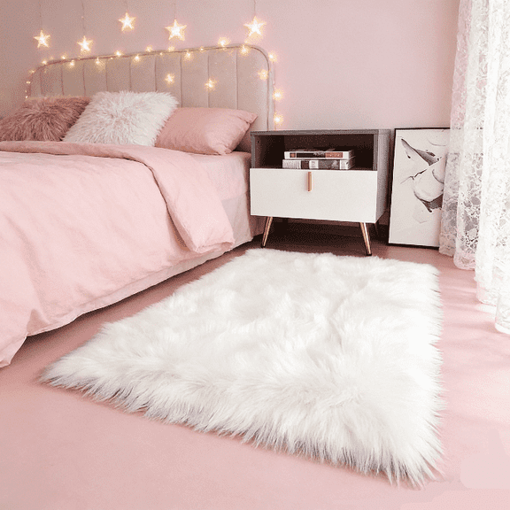YJ.GWL Fluffy Faux Sheepskin Plush Area Rug Soft Fuzzy Rugs Floor Carpet for Bedroom Living Room,2'x 3',White