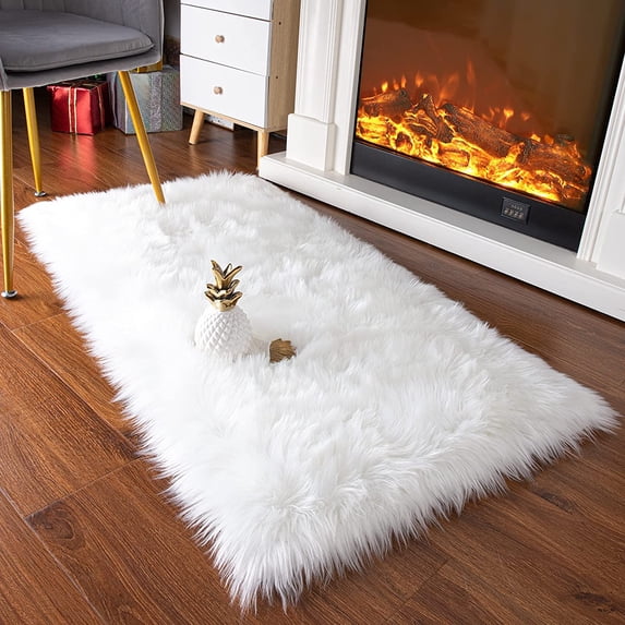 YJ.GWL Fluffy Faux Sheepskin Plush Area Rug Soft Fuzzy Rugs Floor Carpet for Bedroom Living Room,2'x 4', White