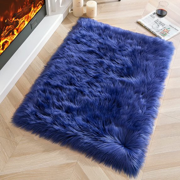YJ.GWL Fluffy Faux Sheepskin Plush Area Rug Soft Fuzzy Rugs Floor Carpet for Bedroom Living Room,2'x3',Dark Navy