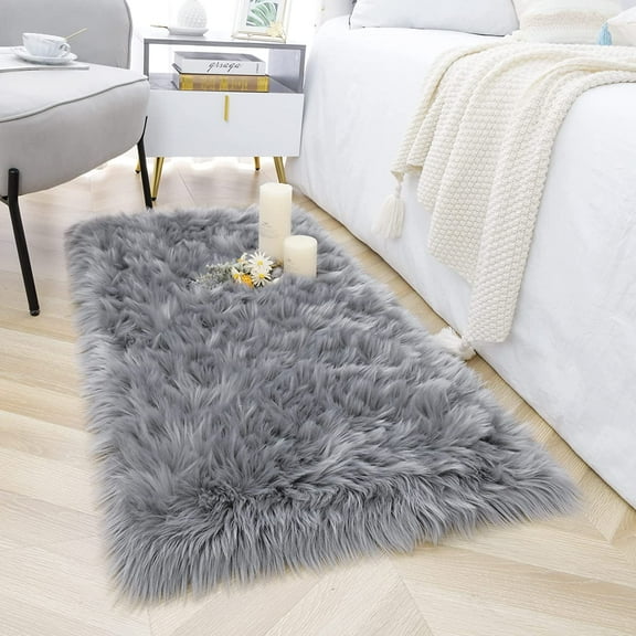 YJ.GWL Fluffy Faux Sheepskin Plush Area Rug Soft Fuzzy Rugs Floor Carpet for Bedroom Living Room,2'x4',Gray