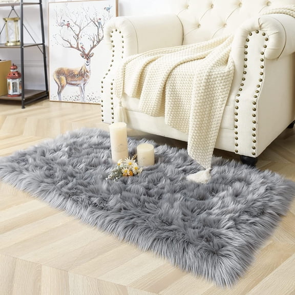 YJ.GWL Fluffy Faux Sheepskin Plush Area Rug Soft Fuzzy Rugs Floor Carpet for Bedroom Living Room,2'x4',Gray