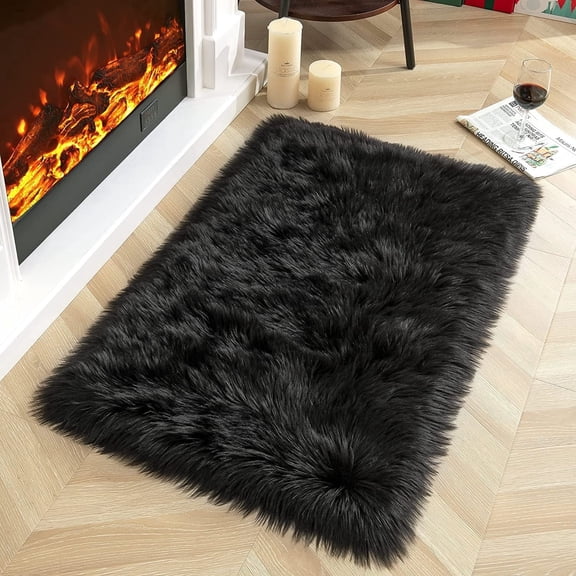 YJ.GWL Fluffy Faux Sheepskin Plush Area Rug Soft Fuzzy Rugs Floor Carpet for Bedroom Living Room, 3'x 5',Black