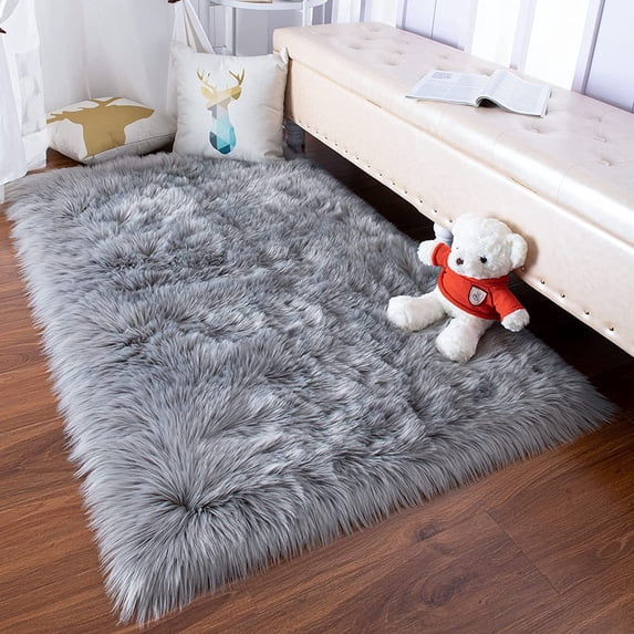 YJ.GWL Fluffy Faux Sheepskin Plush Area Rug Soft Fuzzy Rugs Floor Carpet for Bedroom Living Room,3'x 5',Gray
