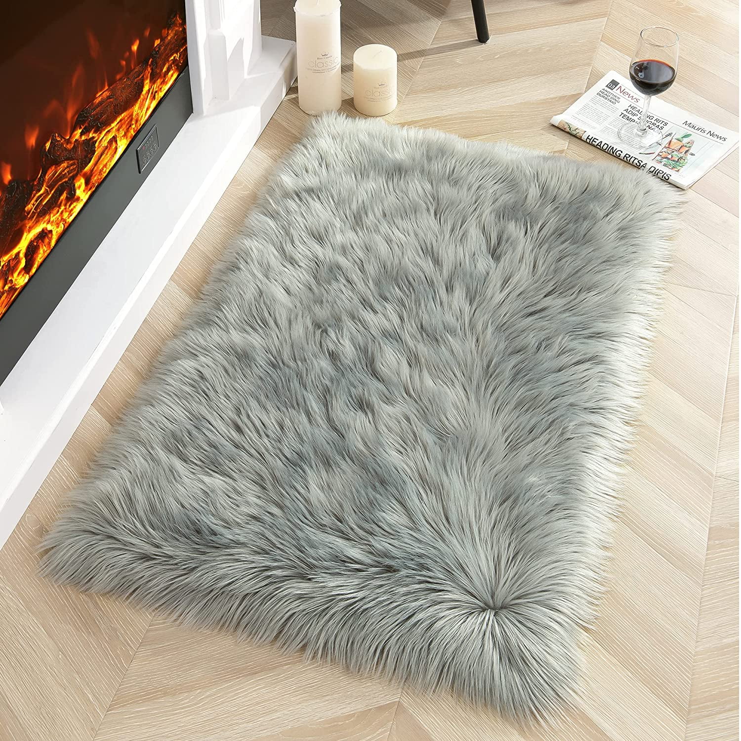 YJ.GWL Fluffy Faux Sheepskin Plush Area Rug Soft Fuzzy Rugs Floor ...