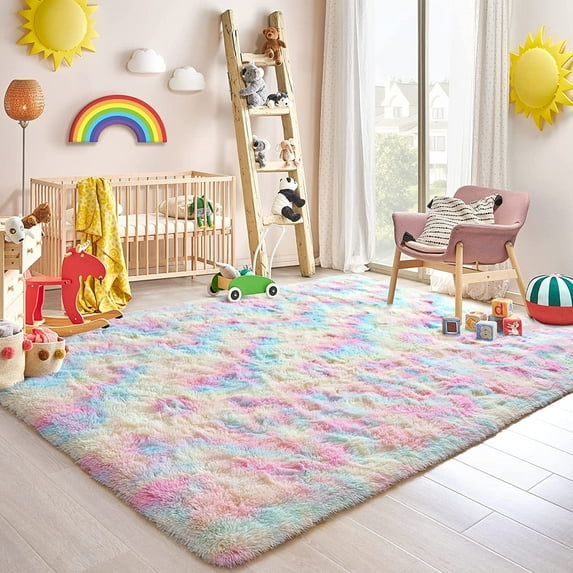 YJ.GWL Fluffy Rainbow Area Rug Plush Colorful Rugs for Living Room Bedroom Kids Room,3'x5'
