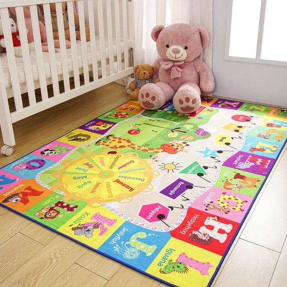 YJ.GWL Kids Educational Fun Rug Play Mat Soft Animal Learning Area Rugs Carpet for Children Room Bedroom Playroom,Green & Yellow,7x10 Feet