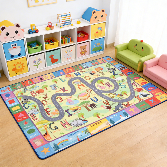 YJ.GWL Kids Play Mat Educational & Fun Learning Rug Soft Animal Print Area Rugs Carpet for Kids Room Bedroom Playroom,Green & Colorful,4x6 Feet