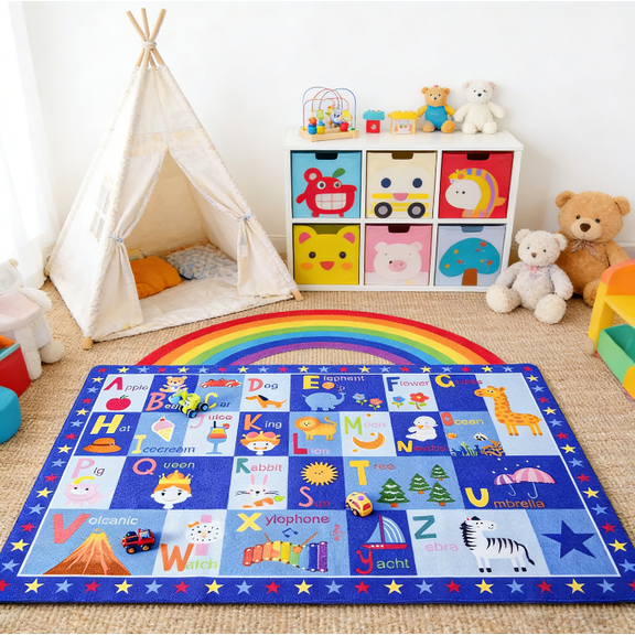 YJ.GWL Kids Play Rug ABC Educational Area Rug Learning Carpet for Children Play Mat for Bedroom Playroom Nursery,Blue,5x7 Feet