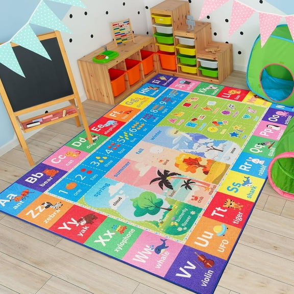 YJ.GWL Kids Play Rug ABC Educational Area Rug Learning Carpet for Children Play Mat for Bedroom Playroom Nursery,Blue & Colorful,3x5 Feet