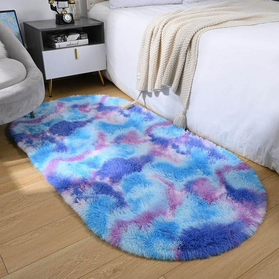 YJ.GWL Oval Bedside Colorful Rainbow Rugs for Bedroom Fluffy Area Rug for Living Room Fuzzy Cute Nursery Carpet Home Decor,2.6'x5.3',Rainbow Purple