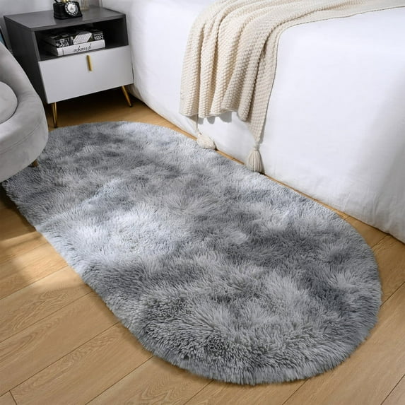 YJ.GWL Oval Bedside Colorful Rainbow Rugs for Bedroom Fluffy Area Rug for Living Room Fuzzy Cute Nursery Carpet Home Decor,2.6'x5.3',Tie-dye Gray