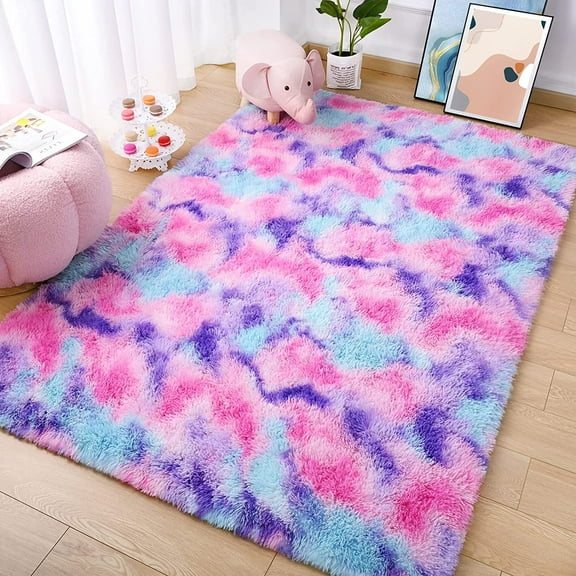 YJ.GWL Rainbow Area Rugs Colorful Carpet Plush Rug for Living Room Bedroom Fluffy Floor Mat,Colorful Purple, 4'x6'