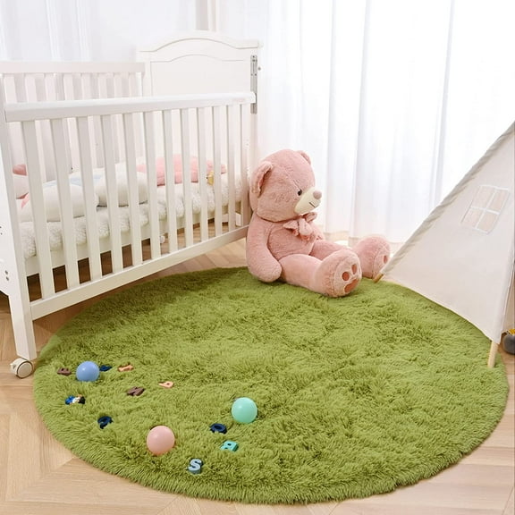 YJ.GWL Round Fluffy Area Rugs Fluffy Carpet Plush Rug for Living Room Bedroom Circular Fuzzy Mat, 4x4 Ft, Grass green